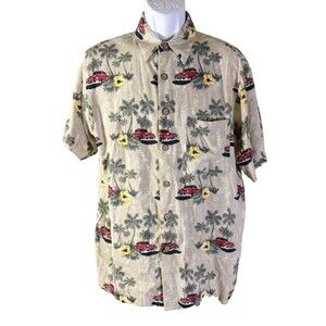 KNIGHTSBRIDGE Men's Short‎ Sleeve Button Down Cars Palm-Trees Shirt Large